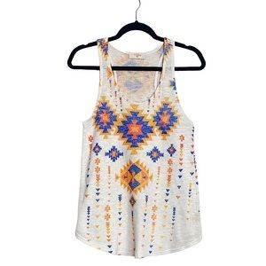 Blushed Aztec Tribal Print Blue/Orange Racerback Tank Top Tight Knit EUC Boho